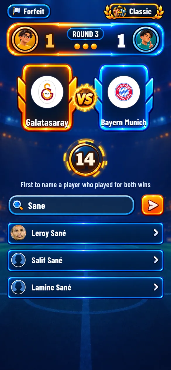 Race screen: two clubs and the player search box