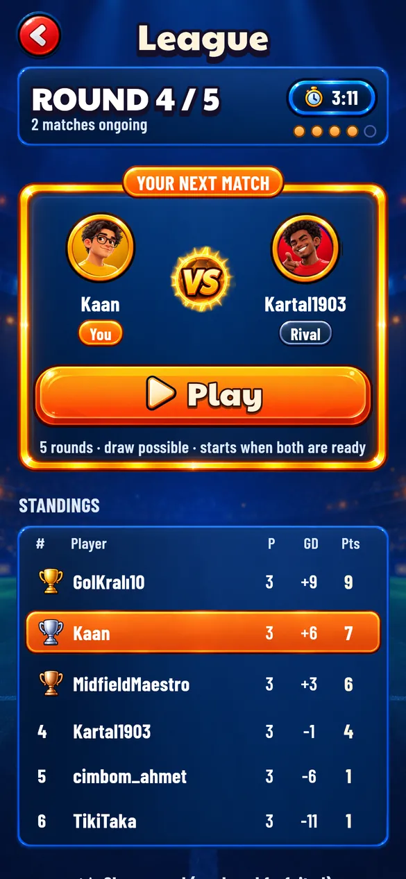 League screen: next match and standings